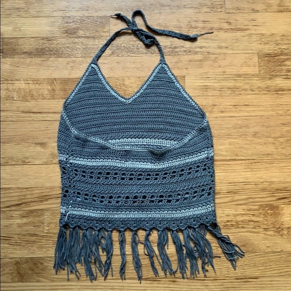 ANTHROPOLOGIE Paper Crane Blue Crochet Fringe Halter Top Small - Picture 4 of 5